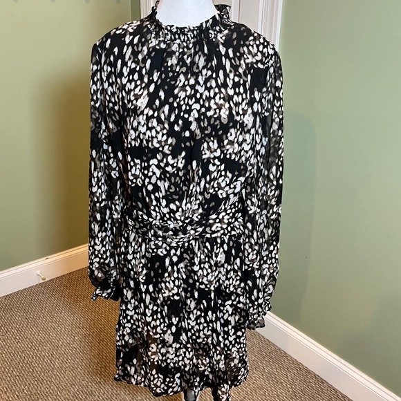 NWOT Nine West Women XXL Dress Black Sheer Animal Print Ruffle Mock Neck Belted - Picture 4 of 10